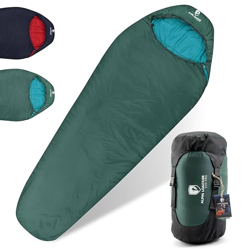 Alpin Loacker Ultraleicht Schlafsack kleines Packmaß I 3 Jahreszeiten Schlafsack leicht I Outdoor Schlafsack kompakt zum Camping oder als Reise Schlafsack I 100% Recycelt, Grün rechts Zip von ALPIN LOACKER