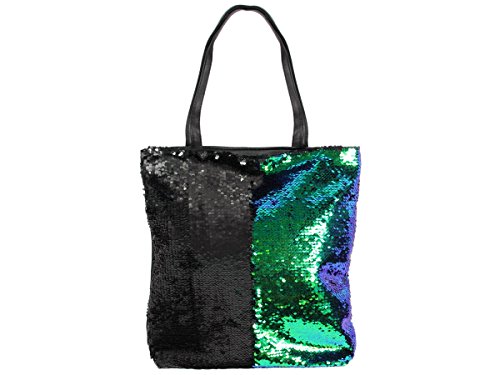 Pailletten Shopper Tasche Geräumige Strandtasche mit Wendepailletten 37 cm x 34 cm mit Reißverschluss Tragetasche Schultertasche von Alsino, Variante wählen:TT-P02 grün schwarz von Alsino