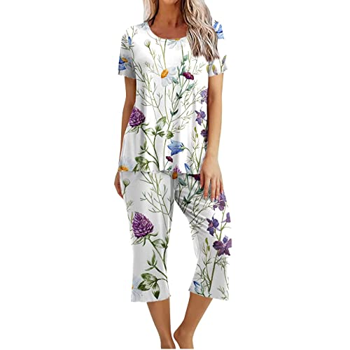 Pyjama Set Damen Baumwolle Schlafanzug Zweiteiliger Lässige Oberteile und 7/8 Hosen Hausanzug Vintage Blumen Druck Pyjamahose und Shirt Casual Lose Nachtwäsche mit Taschen Sleepwear von Alueeu