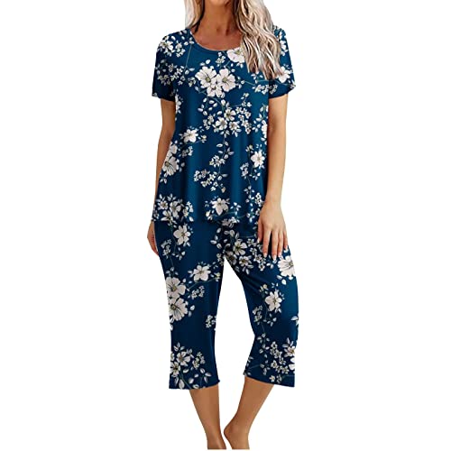 Pyjama Set Damen Baumwolle Schlafanzug Zweiteiliger Lässige Oberteile und 7/8 Hosen Hausanzug Vintage Blumen Druck Pyjamahose und Shirt Casual Lose Nachtwäsche mit Taschen Sleepwear von Alueeu