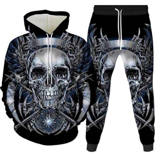 Amacigana Skelett Herren 2 Stück Trainingsanzug Set 3D Totenkopf Print Outfit Rock Hoodie Sweatshirt Jogginghose Casual Pullover Sportanzüge (skull 2,M) von Amacigana