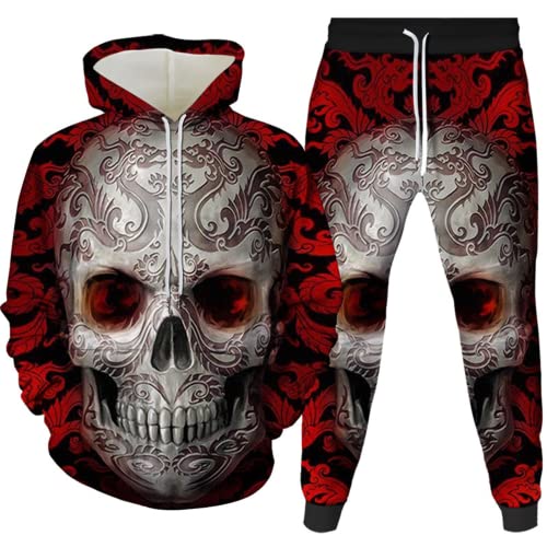 Amacigana Skelett Herren 2 Stück Trainingsanzug Set 3D Totenkopf Print Outfit Rock Hoodie Sweatshirt Jogginghose Casual Pullover Sportanzüge (Skull 6,3XL) von Amacigana