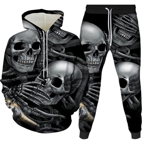 Amacigana Skelett Trainingsanzug Herren Kapuzenpullover Pullover Jogger Unisex Set Skull Jogginganzug 3D Jogger Hose Lässige (01,L) von Amacigana