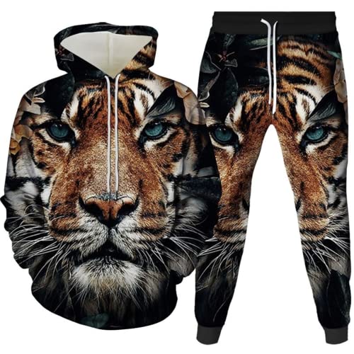 Amacigana Tiger Kapuzenpullover Set 3D Drucken Wolf Kapuzenpullover + Jogginghose Jogginganzug Sportanzug Männer Jogging Sweatshirt Hose (Tiger 3,6XL) von Amacigana