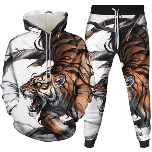 Amacigana Tiger Kapuzenpullover Set 3D Drucken Wolf Kapuzenpullover + Jogginghose Jogginganzug Sportanzug Männer Jogging Sweatshirt Hose (Tiger 6,L) von Amacigana