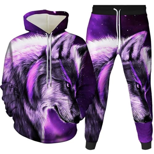 Amacigana Wolf Hoodie und Hose Herren Tier 3D-Druck lose Pullover + Jogginghose Trainingsanzug Hausanzug Joggingsuit (Wolf 2,XL) von Amacigana