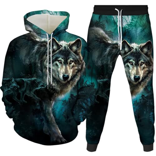 Amacigana Wolf Hoodie und Hose Herren Tier 3D-Druck lose Pullover + Jogginghose Trainingsanzug Hausanzug Joggingsuit (Wolf 3,4XL) von Amacigana