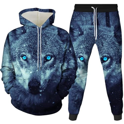 Amacigana Wolf Hoodie und Hose Herren Tier 3D-Druck lose Pullover + Jogginghose Trainingsanzug Hausanzug Joggingsuit (Wolf 5,M) von Amacigana