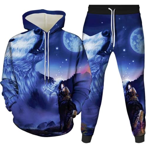 Amacigana Wolf Hoodie und Hose Herren Tier 3D-Druck lose Pullover + Jogginghose Trainingsanzug Hausanzug Joggingsuit (Wolf 4,4XL) von Amacigana