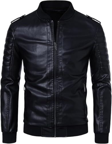 Herren Varsity Jacket-PU Kunstleder Bomberjacken Vintage Motorrad Outwear für Männer (L) von Amacigana