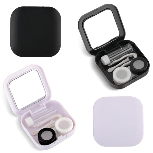 Amaxiu 2 Stück Kontaktlinsenbehälter, süßer Kontaktlinsenbehälter mit Spiegel tragbares Einweich Aufbewahrungsset mit Entferner Werkzeug Pinzette Lösungsflasche bunter (Weiß+Schwarz) von Amaxiu