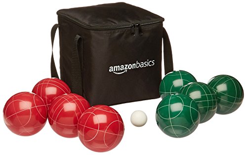 Amazon Basics - Bocciakugel-Set in weicher Tragetasche, 100 mm, Grün/Rot/Weiß von Amazon Basics
