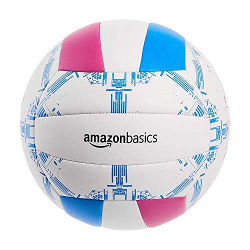 Amazon Basics freizeit volleyball für drinnen und draußen, für fitnessstudio, gras, strand, Größe 5, weiss/blau/pink von Amazon Basics