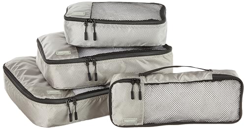 Amazon Basics Kleidertaschen-Set, 4 Stück, je 1 Schmal, Klein, Mittelgroß, Groß und schmale Packtasche, Reißverschluss, Grau von Amazon Basics
