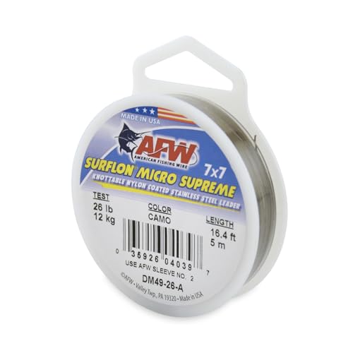 American Fishing Wire Surflon Micro Supreme, Nylon Coated 7x7 Stainless Steel Leader Wire, 11.8 kg Test, 18 inch Diameter, Camo, 5 m von American Fishing Wire
