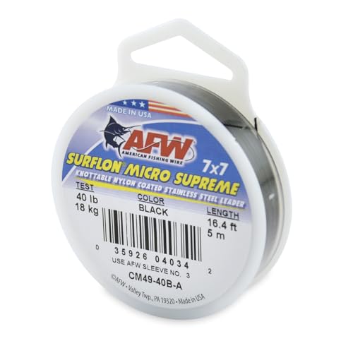 American Fishing Wire Surflon Micro Supreme, nylonbeschichteter 7 x 7 Edelstahlvorfachdraht, 18 kg getestet, 0,61 cm Durchmesser, Schwarz, 5 m von American Fishing Wire