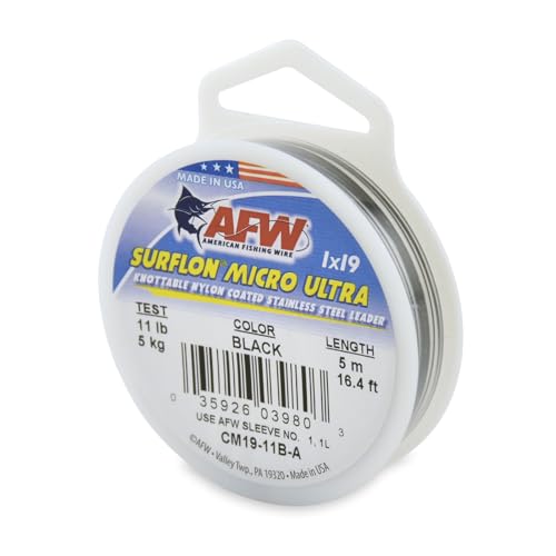 American Fishing Wire Surflon Micro Ultra, Nylon Coated 1x19 Stainless Steel Leader Wire, 11LB Test, 12" Diameter, Black, 5m von American Fishing Wire
