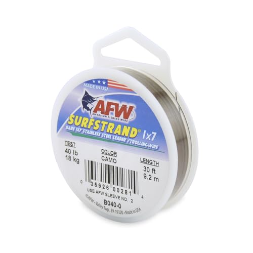 American Fishing Wire Surfstrand, Bare 1x7 Edelstahlvorfachdraht, 18 kg getestet, 0,00 cm Durchmesser, Tarnmuster, 9 m von American Fishing Wire