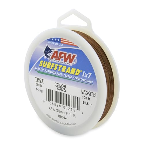 American Fishing Wire Surfstrand, Bare 1 x 7 Edelstahlvorfachdraht, 13,6 kg getestet, 0,000 cm Durchmesser, Tarnfarben, 91,4 m American Fishing Wire Surfstrand, Bare 1 x 7 Edelstahlvorfachdraht, 13,6 kg getestet, 0,000 cm Durchmesser, Tarnfarben, 91,4 m von American Fishing Wire