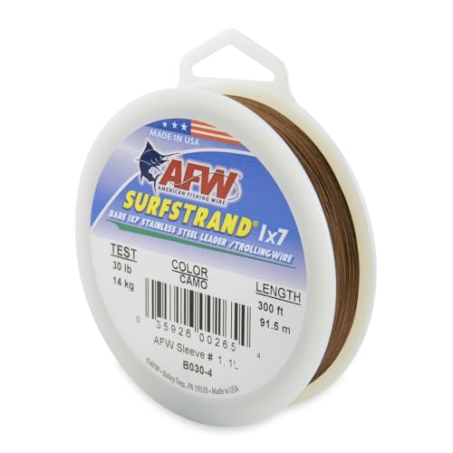 AFW Surfstrand Bare 1 x 7 Edelstahlvorfachdraht, Tarnbraun, 13,6 kg getestet, 90 m von American Fishing Wire