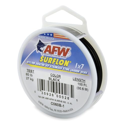 American Fishing Wire Surflon-Vorfachdraht, Nylonbeschichtung, 1 x 7 Edelstahl, Schwarze Farbe, 27,2 kg Test, 30 m von American Fishing Wire
