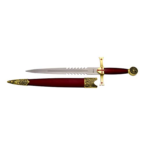 Amont Dolch Templer S0210RD, Goldener Knopf und arda, roter Griff, Gesamtgröße 40,5 cm, Stahlblatt mit glattem Teil und einem weiteren in Form Einer Säge, rote Hülse in goldenen Details. von Amont