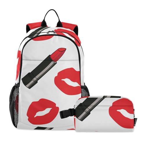 Amooorous Roter Kuss und Lippenstift Kinder Schulrucksack Jungen mit Lunchtasche, Schulrucksäcke für Mädchen mit Lunchbox, Rucksack für Mädchen 9-10 Jahre, Red Kiss and Lipstick von Amooorous