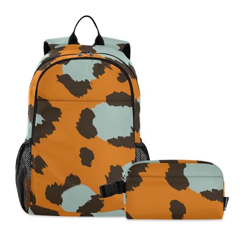 Amooorous Rucksack für Schule und Lunchtasche, mit Lunchbox, Rucksack und Lunchbox, für 9–10 Jahre, Orange, Leopardenmuster Orange von Amooorous