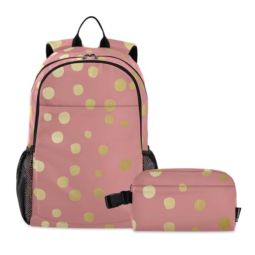 Amooorous Rucksack für die Schule, mit Lunchtasche, Schulrucksack mit Lunchbox, Büchertaschen für Jungen, mit Lunchtasche, Größe 10–12, Rotgold, Rotgoldene Punkte von Amooorous