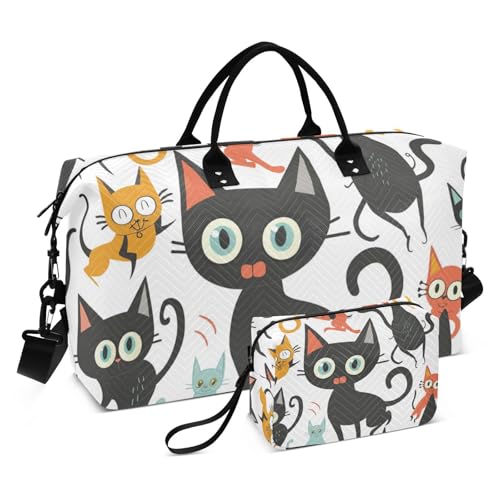 Reisetasche mit niedlichem Cartoon-Motiv, schwarze Katze, für Übernachtung, Handgepäck, Trainingstasche mit Kulturbeutel für Trekking, 2-teiliges Set, Niedliche schwarze Cartoon-Katze, 1 size von Amooorous