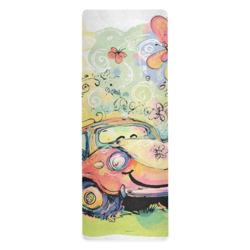 Yogamatte im Kritzelei-Stil, niedliche Auto-Blume, bunt, bedruckt, rutschfest, Yogamatte, Handtuch und Tasche, 180,3 x 66 cm von Amooorous