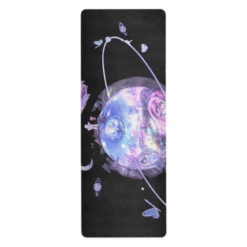 Yogamatte mit Glasstruktur, Motiv: lila Schmetterling, Planet, bedruckt, Naturkautschuk, rutschfest, mit Taschen, 180,3 x 66 cm von Amooorous