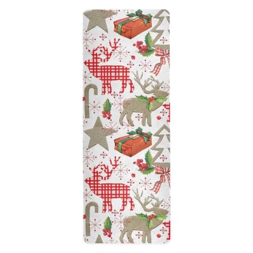 Yogamatten mit Aufschrift "Merry Christmas", Motiv: Rentier und Geschenk, bedruckt, Naturkautschuk, rutschfest, Tasche zum Tragen, 180,3 x 66 cm von Amooorous