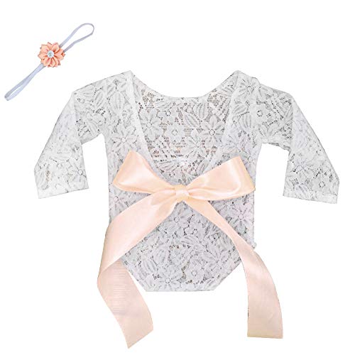 Amorar Baby Mädchen Overall Kleider Romper Outfit Neugeborene Fotografie Prop Babybekleidung Spitze-Spielanzug niedlichen Bogen Bodysuit Body Fotografie Strampler Kleid Zubehör + Stirnbänder Set von Amorar