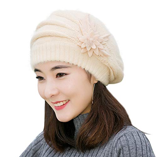 Amorar Frauen Baskenmütze Kopfbedeckung Eleganz Strickmütze Retro-Stil Wolle geflochten Hut Französisch Beret dekorative Blumen für Winter Herbst von Amorar