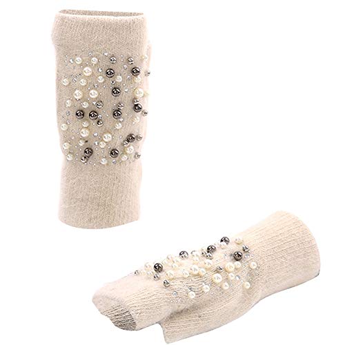 Amorar Frauen Winterhandschuhe Armstulpen Handstulpen Pulswärmer Strickhandschuhe Fingerlose Handschuhe halbe Fingerhandschuhe Fausthandschuhe mit Bohrer und Perle von Amorar