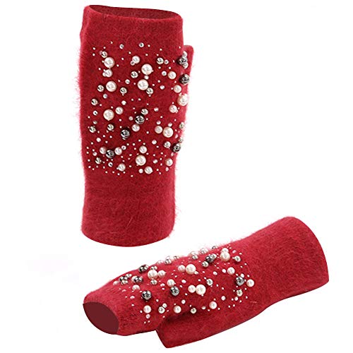 Amorar Frauen Winterhandschuhe Armstulpen Handstulpen Pulswärmer Strickhandschuhe Fingerlose Handschuhe halbe Fingerhandschuhe Fausthandschuhe mit Bohrer und Perle von Amorar