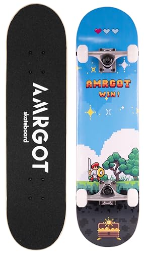 Amrgot Skateboards für Anfänger, 78,7 x 20,3 cm, komplettes Skateboard für Kinder, Jungen, Mädchen und Erwachsene, 7-lagiges Ahornholz, Doppel-Kick-Deck konkaves Standard- und Trick-Skateboard (Pixel von Amrgot
