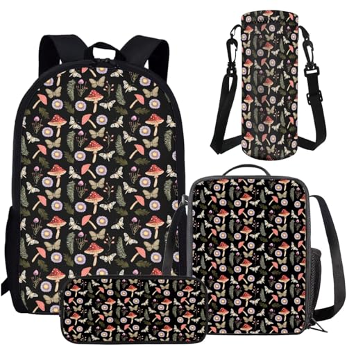 Amzbeauty 4-teiliges Rucksack-Set Salamander Büchertasche und Lunchtasche mit Wasserflaschenhalter, Federmäppchen-Set für Mädchen und Kinder, mushroom von Amzbeauty