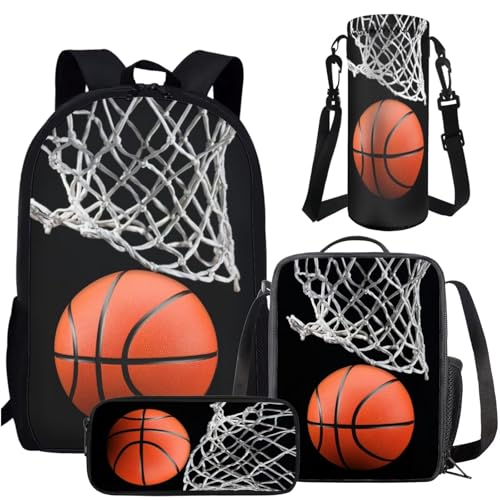 Amzbeauty Basketball-Rucksack-Set für Mädchen, Basketball-Rucksack, Lunchbox und Federmäppchen, Wasserflaschenhalter, 4-teiliges Set, Sport-Basketball von Amzbeauty