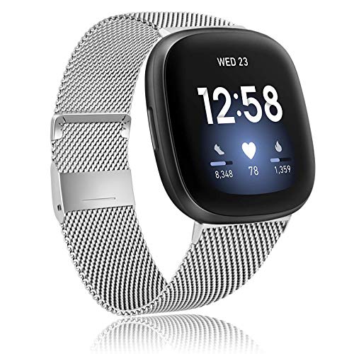 Amzpas Kompatibel mit Fitbit Versa 3 Armband/Fitbit Sense Armband, Metall Edelstahl Ersatzarmbänder mit Magnetschloss für Fitbit Versa 3/Sense (L, Silber) von Amzpas