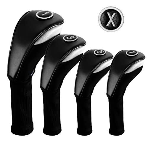 Andux 4 Stück/Set PU Golf Holz Schlägerhauben 460cc Driver mit langem Hals schwarz von Andux