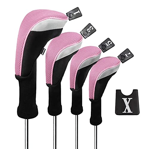 Andux Golf 460cc Driver Kopfhüllen Golfschläger mit langem Hals Holzkopfhüllen 4 Stück Rosa von Andux