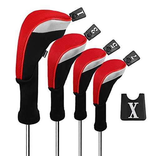 Andux Golf 460cc Driver Kopfhüllen Golfschläger mit langem Hals Holzkopfhüllen 4 Stück rot von Andux