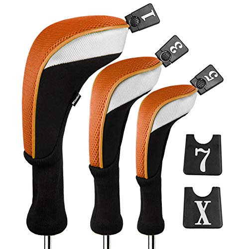 Andux Golf 460cc Driver Kopfhüllen Golfschläger mit langem Hals Holzkopfhüllen 3 Stück Orange von Andux
