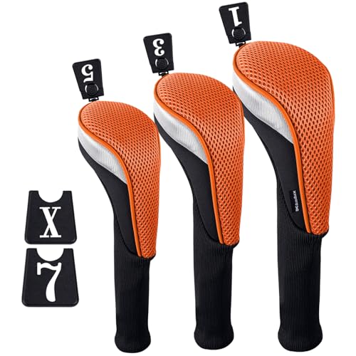 Andux Golf 460cc Driver Kopfhüllen Golfschläger mit langem Hals Holzkopfhüllen 3 Stück Orange von Andux