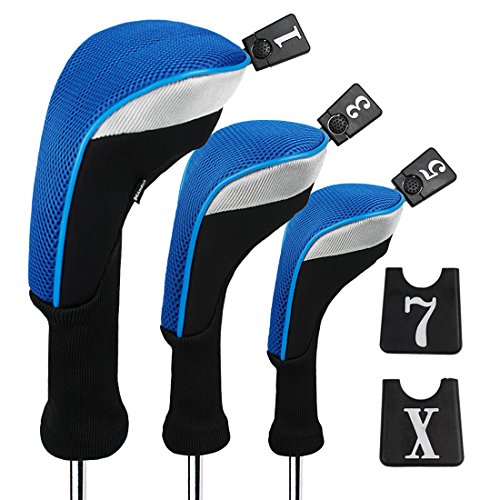 Andux Golf 460cc Driver Kopfhüllen Golfschläger mit langem Hals Holzkopfhüllen 3 Stück Blau von Andux