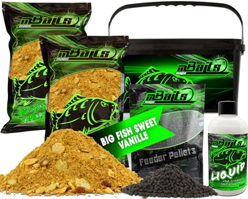 Angel-Berger Magic Baits Futterset mit Eimer Angelfutter Groundbait Liquid Pellets (Big Fish Sweet Vanille) von Angel-Berger