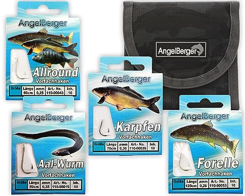 Angel-Berger Vorfach Hakensortiment mit Tasche Angelhaken gebundene Haken Aal, Forelle, Karpfen, Zander, Allround, Mais, Feeder von Angel-Berger