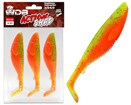 Wild Devil Baits Action Shad Gummifisch Kunstköder Softlure Gummiköder Hecht Barsch Zander Angelköder Raubfischköder (Fire Tiger, 9,5cm) von Angel-Berger